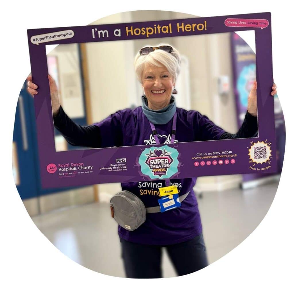 Hospital meet and greet volunteer Jane Morton completes her super 80-mile walking challenge at the Royal Devon and Exeter Hospital.