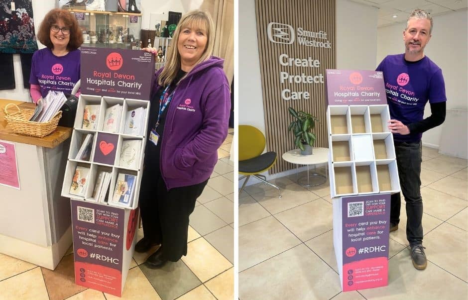 Left: Royal Devon Hospitals Charity shop manager Gail Bray and volunteer Jenny Drake with one of the new card stands in the shop in Rose Lane, Barnstaple. Right: Royal Devon Hospitals Charity marketing manager Andy Keeble with one of the new card stands made by Smurfit Westrock Atlas in Barnstaple.