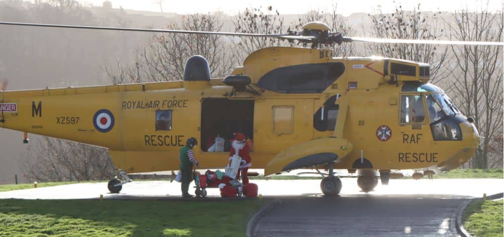 The Sea King helicopter lands at North Devon District Hospital.