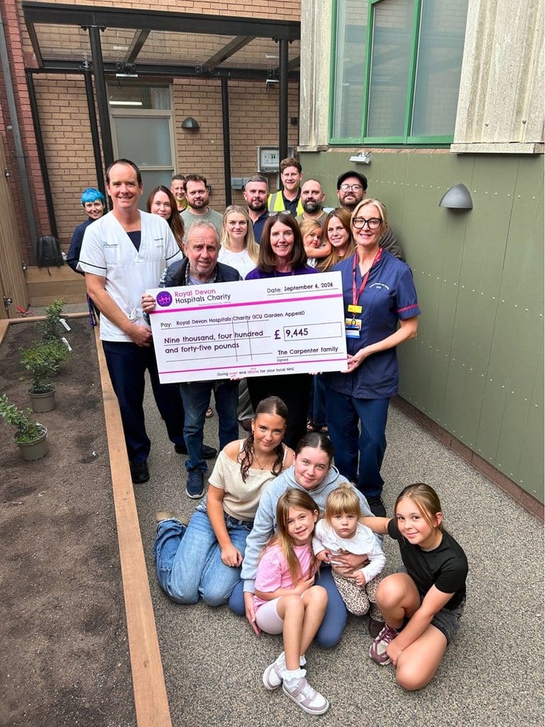 Jim Carpenter and his family present their fundraising cheque to ICU Garden Project Lead Andrew Lockwood, ICU Clinical Nurse Manager Nurse Tracey Jackson and Royal Devon Hospitals Charity Community Fundraiser Debbie Allen. Picture Royal Devon Hospitals Charity